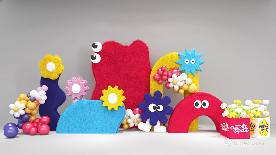 Colorful Felt Floral Art Installation With Flower Shapes Eye Elements Arch Decorations And Balloons 3d model 