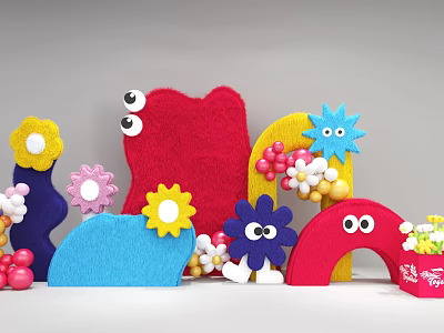 Colorful Felt Floral Art Installation With Flower Shapes Eye Elements Arch Decorations And Balloons 3d model