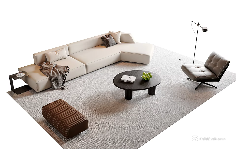 Modern Living Room Beige L-shaped Sofa with Black Coffee Table Ottoman and Cushions 3d model 