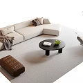 Modern Living Room Beige L-shaped Sofa with Black Coffee Table Ottoman and Cushions