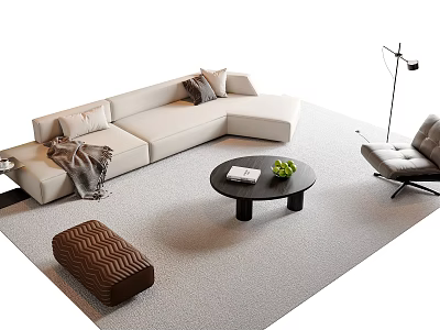 Modern Living Room Beige L-shaped Sofa with Black Coffee Table Ottoman and Cushions 3d model