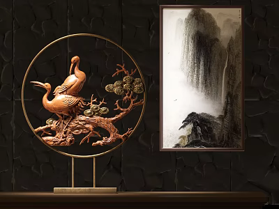 Decorative Ornament Set With Circular Crane Pine Tree Design And Landscape Painting On Dark Wall 3d model
