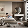 Modern Bedroom Interior With Comfortable Bed Plush Toys Herringbone Rug Dressing Table And Round Mirror