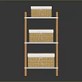 Wooden Frame White Shelf Unit With Three Wicker Storage Baskets For Home Organization