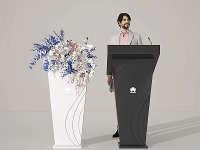 Black Podium with Huawei Logo and Man Standing Near White Vase with Blue Pink Flowers 3d model