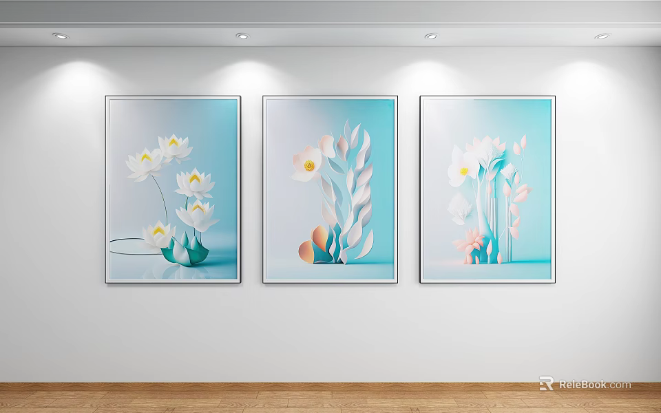 Three Landscape Paintings Featuring Light Blue Background White Flowers Green Leaves and Orange Elements 3d model