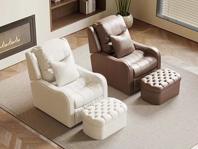 Modern Living Room Interior With White And Brown Tufted Armchairs Matching Ottomans Fireplace And Bookshelf 3d model