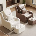 Modern Living Room Interior With White And Brown Tufted Armchairs Matching Ottomans Fireplace And Bookshelf