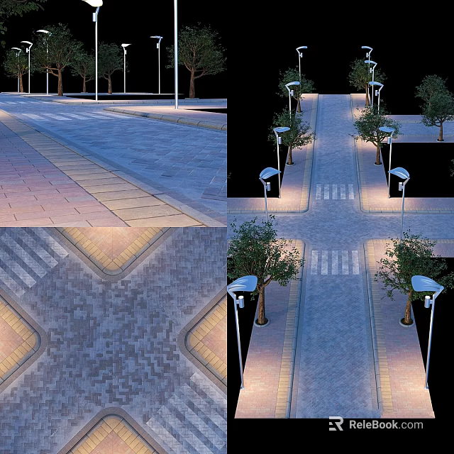 Garden Ornament With Modern Walkway Landscape Lamps Trees And Geometric Paving 3d model 