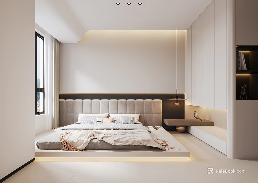 Modern Minimalist Bedroom Interior With Platform Bed Upholstered Headboard Built-in Wardrobes And Recessed Lighting 3d model 