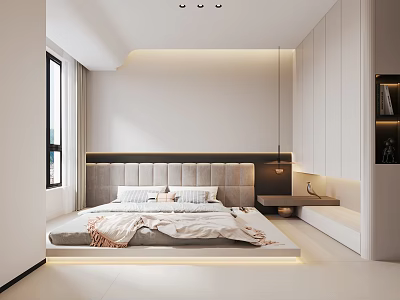 Modern Minimalist Bedroom Interior With Platform Bed Upholstered Headboard Built-in Wardrobes And Recessed Lighting 3d model