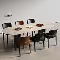 Modern Minimalist Oval Marble Dining Table with Black and Brown Chairs Set