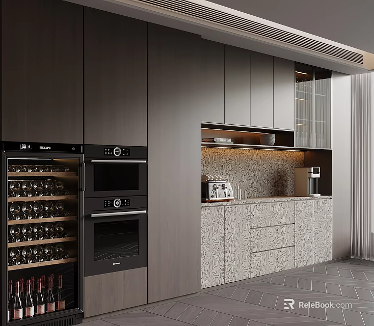 Modern Wine Cabinet Interior With Dark Wood Cabinets Marble Countertop And Lighting 3d model 