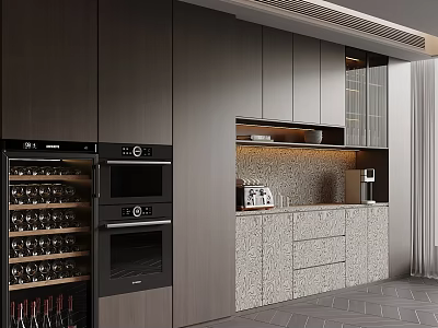 Modern Wine Cabinet Interior With Dark Wood Cabinets Marble Countertop And Lighting 3d model