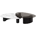 Modern Coffee Table Set With Marble And Dark Wood Tops And Black Cylindrical Legs