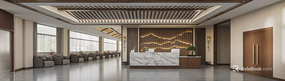 Hospital Outpatient Reception Area In Chinese Style Design 3d model 