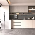 Modern Kitchen Sideboard With White Cabinets Black Countertop Storage Shelves And Decorative Items