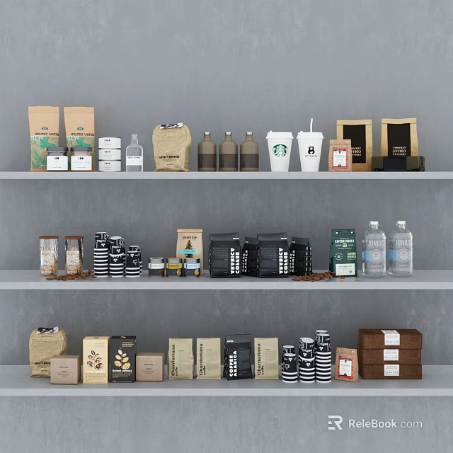 Organized Shelves Display Various Food Packaging With Coffee Cans Bottles And Starbucks Cups 3d model 