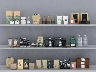 Organized Shelves Display Various Food Packaging With Coffee Cans Bottles And Starbucks Cups 3d model