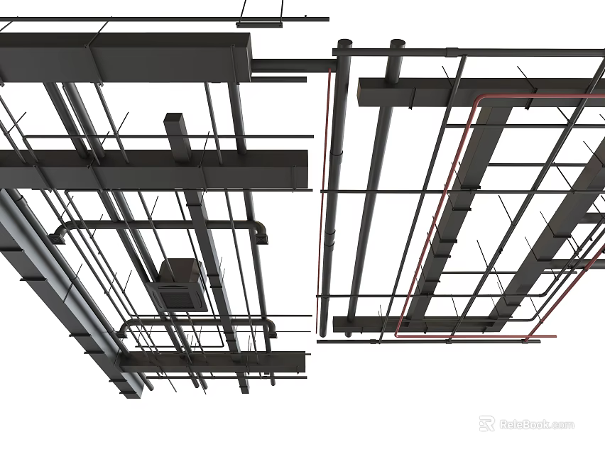 Industrial Ceiling Pipe System with Metal Frames Black Red Pipes in Construction 3d model