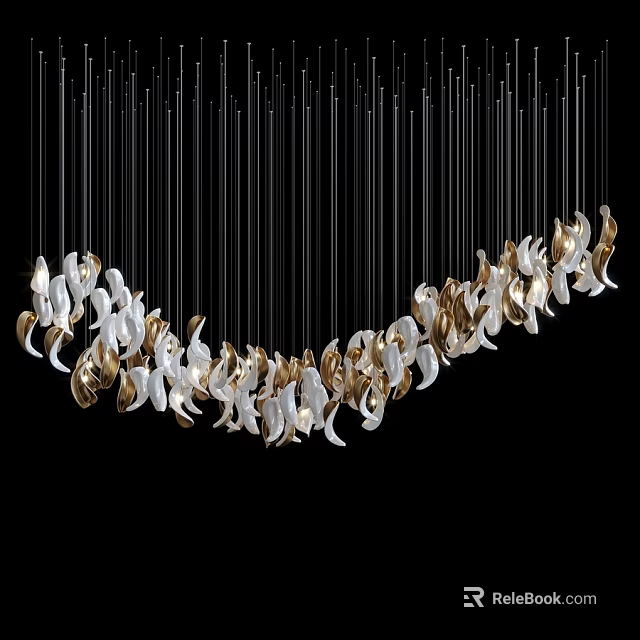 Elegant Curved Chandelier With Slim Black Wires And White Gold Petal Decorations 3d model 