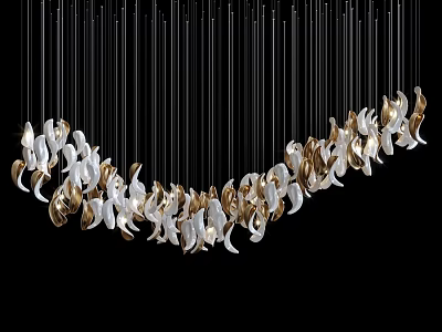 Elegant Curved Chandelier With Slim Black Wires And White Gold Petal Decorations 3d model