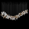 Elegant Curved Chandelier With Slim Black Wires And White Gold Petal Decorations