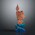 Whimsical Cartoon Castle With Multi Story Structure Red Spires On Blue Ice Base