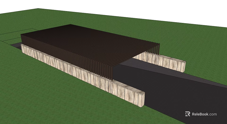 Modern Structure With Black Roof Stone Walls And Green Grass Entryway 3d model 