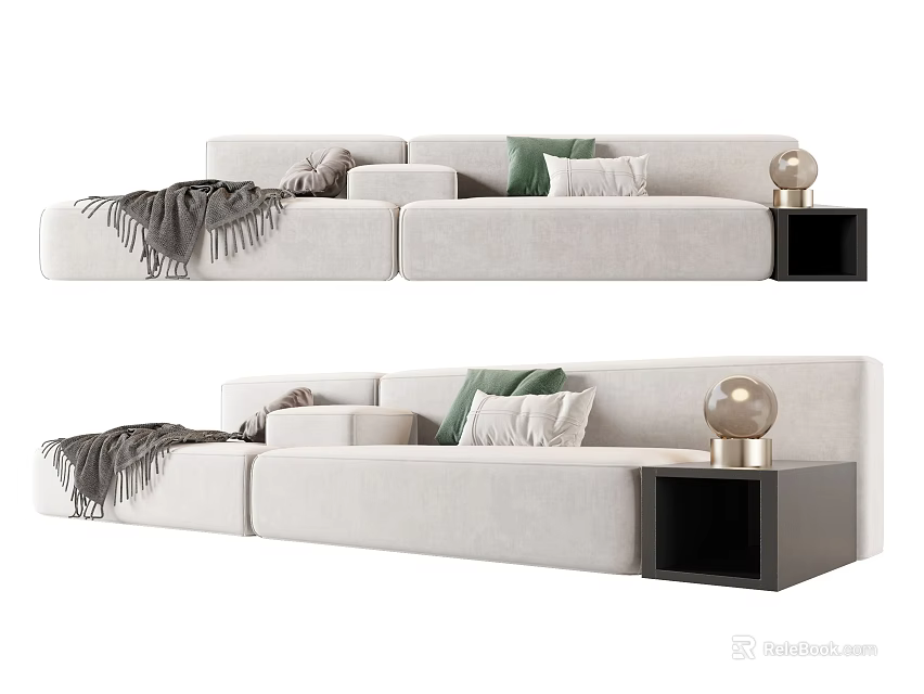 Modern Gray Sectional Sofa With Green White Cushions Gray Blanket Black Side Table Gold Lamp 3d model 
