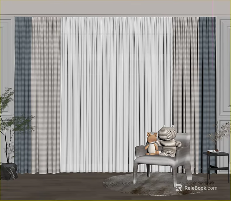 White and Gray Plaid Long Curtains for Living Room Interior Decor 3d model 