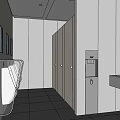 Modern Public Restroom Interior Design With Stalls Sink Mirror And Lighting