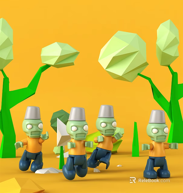 Cartoon Scene With Low Poly Green Trees Orange Background And Silver Hat Characters 3d model