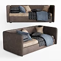 Comfortable Brown Beige Sectional Sofa with Blue Blanket and Gray Pillows 3d model