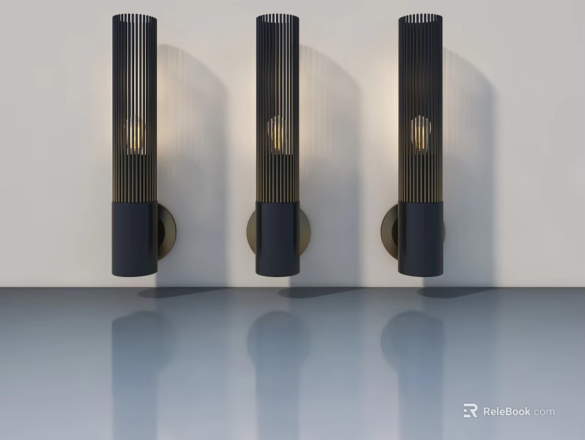 Hinged Door With Black Wall Lamps White Wall And Reflective Floor 3d model 