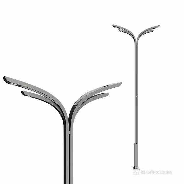 Modern Outdoor Lights With Metallic Silver Curved Double Heads And Tall Pole Design 3d model 