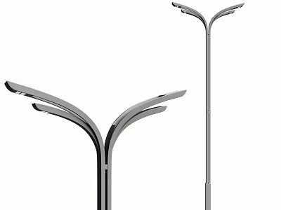Modern Outdoor Lights With Metallic Silver Curved Double Heads And Tall Pole Design 3d model