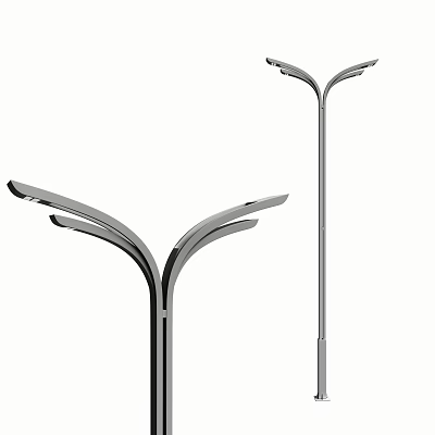 Modern Outdoor Lights With Metallic Silver Curved Double Heads And Tall Pole Design 3d model