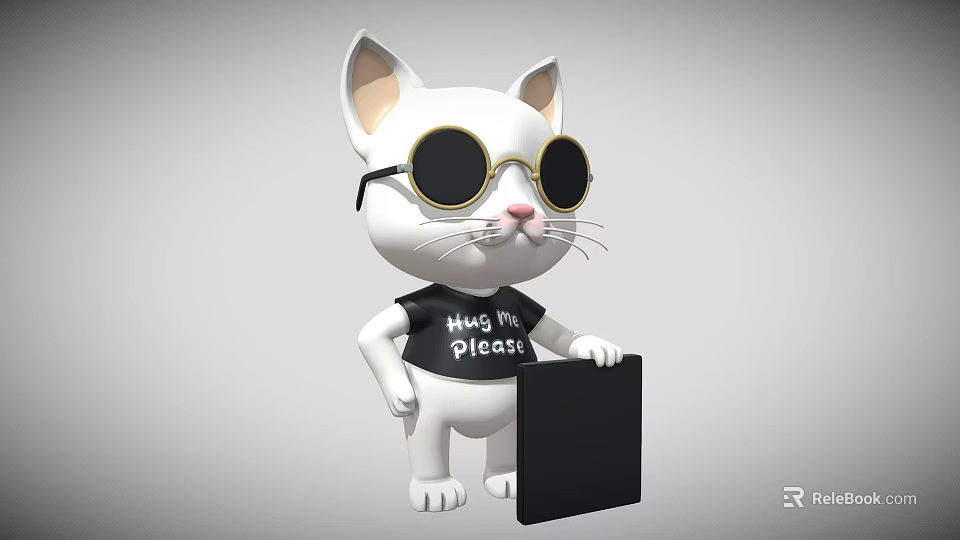 Cartoon White Cat Wearing Black Sunglasses Black T-shirt Hang Me Please Text Holding Black Board 3d model 
