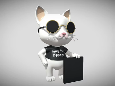 Cartoon White Cat Wearing Black Sunglasses Black T-shirt Hang Me Please Text Holding Black Board 3d model