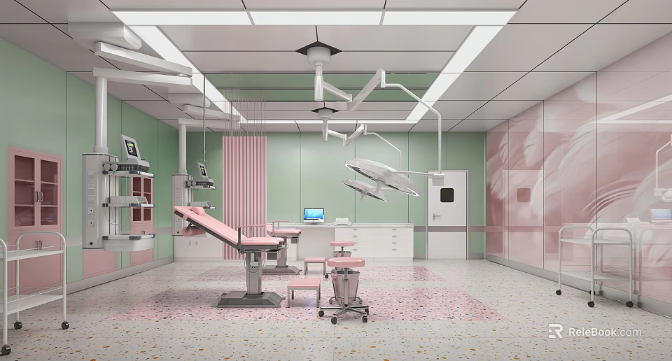 Modern Operating Room With Pink Operating Table Green Walls Surgical Lights And Medical Equipment 3d model 