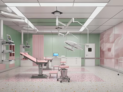 Modern Operating Room With Pink Operating Table Green Walls Surgical Lights And Medical Equipment 3d model