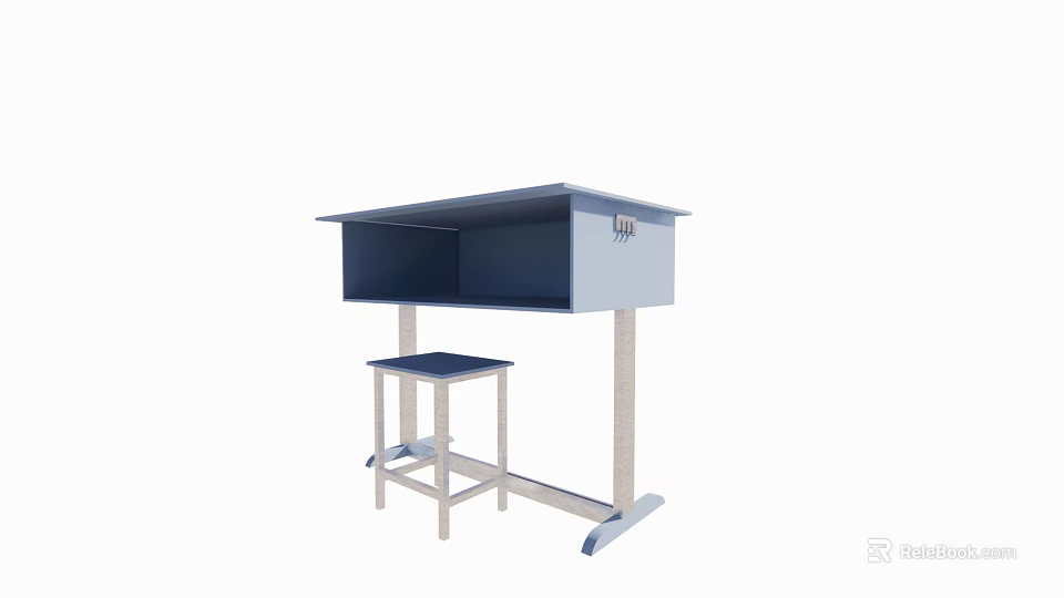 Blue White Study Desk With Matching Stool And Simple Design 3d model