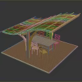 Wooden Pergola Outdoor Dining Structure With Table Chairs And Brick Floor