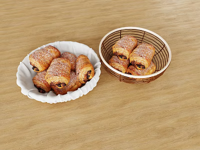 Chocolate Croissants in White Plate and Wicker Basket on Wooden Table 3d model
