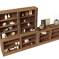 Wooden Decorative Cabinet with Open Shelves Displaying Bowls Vases Books and Photo Frames