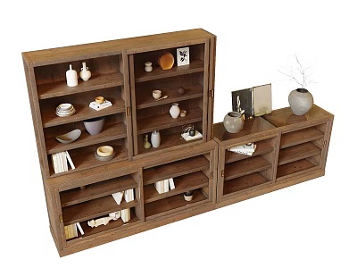 Wooden Decorative Cabinet with Open Shelves Displaying Bowls Vases Books and Photo Frames 3d model