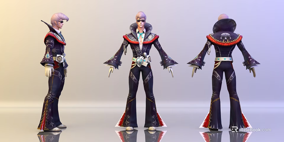 Game Movie Character in Dark Outfit with Red Accents Flared Pants and Belt Accessories 3d model 