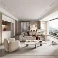 Modern Living And Dining Area Interior With Beige Sofa Coffee Table And Large Windows 3d model