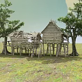 Dilapidated Wooden Hut Between Two Trees On Grassland Under Cloudy Sky